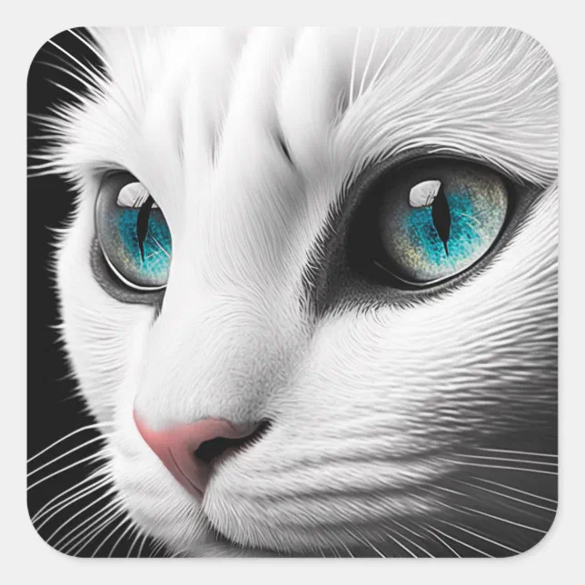 Albino White Cat Face Jewel Eyes Square Sticker