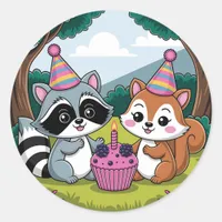 Squirrel and Raccoon cute Birthday Classic Round Sticker