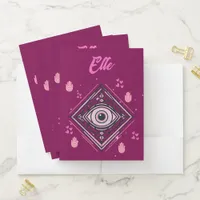 Hamsa Hand with Evil Eye and Hearts Pink on wine Pocket Folder