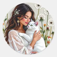 Woman and White Cat and Dandelions  Classic Round Sticker
