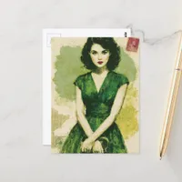 Beautiful Retro Woman in a Green Dress Collage Postcard