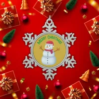 Merry Christmas with a Snowman |  Snowflake Pewter Christmas Ornament