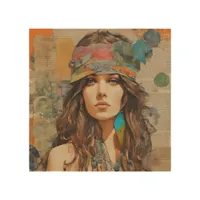 1970s Hippie Woman Collage Wood Wall Art