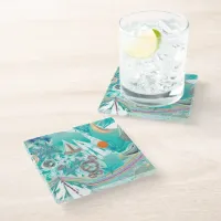 Sailboats and Sea Creatures Abstract Beachy Art Glass Coaster