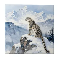 A Snow Leopard on Snowy Peak Personalized Ceramic Tile
