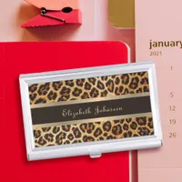 Elegant Leopard Animal Print Brown & Gold Stripe Business Card Case