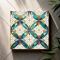 Geometric Mosaic Tile Pattern#5 Teal  White ID1078