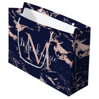 Stylish Navy Blue Marble Rose Gold Foil Monogram Large Gift Bag