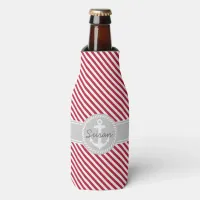 Red and Gray Stripes Nautical Anchor Monogram Bottle Cooler