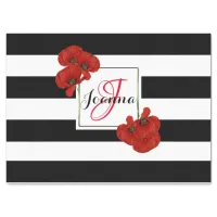 Red Poppies on Black & White Striped Background