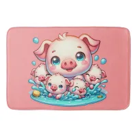 Cute pink Piggy and Piglets in water | Bath Mat