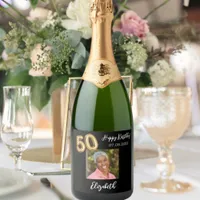 50th Birthday black gold photo Sparkling Wine Label