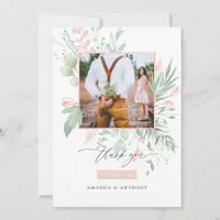 Pastel Blush Pink and Greenery Wedding Photo Thank You Card