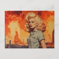 Retro blonde woman in a post apocalyptic world  postcard