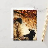 Cute Black Goat and Witch Autumn Postcard