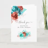 Turquoise and Coral Watercolor Floral Wedding Thank You Card