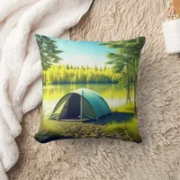 Tent in a Beautiful Forest by a Lake Throw Pillow