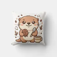 Cute Otter Bean & Spoon Kawaii Coffee Decorative P Throw Pillow