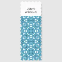 Elegant Blue and White Tile Pattern Custom Name Bookmarks