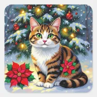A Sweet Kitty Cat in the Snow Festive Christmas Square Sticker