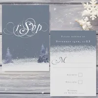 Woodland Dusty Blue and White Winter Snow Wedding RSVP Card
