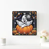 Friendly ghost celebrating Halloween in a pumpkin Square Wall Clock