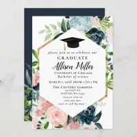 Rustic Navy Blush Floral Botanical Graduation Invitation