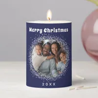 Blue silver glitter family photo pillar candle