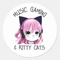 Music, Gaming and Kitty Cat Anime Girl Classic Round Sticker