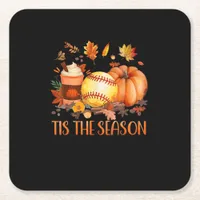 Tis The Season Pumpkin Leaf Latte Fall Softball Square Paper Coaster