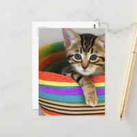 Adorable Kitten in a Colorful Basket Postcard