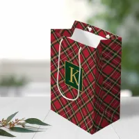 Christmas Holiday Red Plaid Gold Foil Monogram Medium Gift Bag