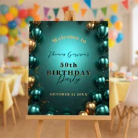 Teal and Gold Balloons 50th Birthday Welcome  Foam Board