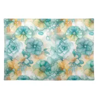 Teal and Yellow Flowers Alcohol Ink Illustration Cloth Placemat