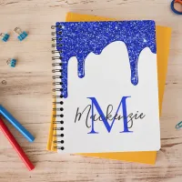 Girly Royal Blue Sparkle Glitter Drips Monogram Notebook