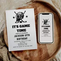 Hockey black and White Themed Kids Birthday Party Invitation