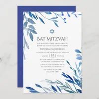 Watercolor Navy Indigo Leaves Bat Mitzvah Invitation