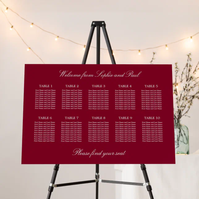 Burgundy 10 Table Wedding Seating Chart Foam Board