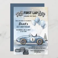 First Lap Around the Track Blue Race Car Birthday  Invitation