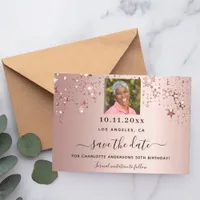 Rose gold stars photo birthday save the date