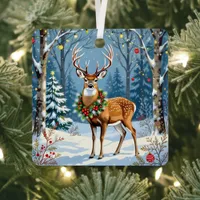 Christmas Deer in Festive Winter Forest  Metal Ornament
