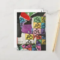 Bicycles colorful mixed media collage postcard