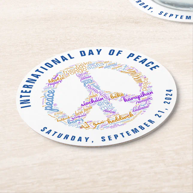 World Peace Day Peace Sign Word Cloud Round Paper Coaster