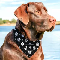 Black And White Polka Dot Paw Print Monogram Pet Bandana Collar