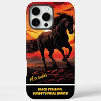 Black horse gallops at fiery sunset iPhone 16 pro max case