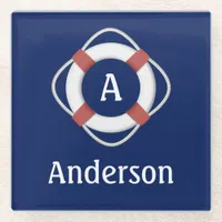 Navy Blue Nautical Lifesaver Monogram Glass Coaster