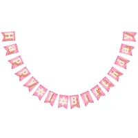 Retro Daisy Pink Sunburst Happy 1st Birthday Banne Bunting Flags