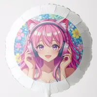 Cute Pink Anime Girl with Headphones Birthday Balloon