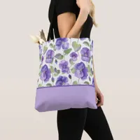 Watercolor Style Purple Pansy Type Color Block Tote Bag