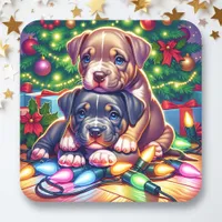 Two Cute Puppies Playing under the Christmas Tree Square Sticker